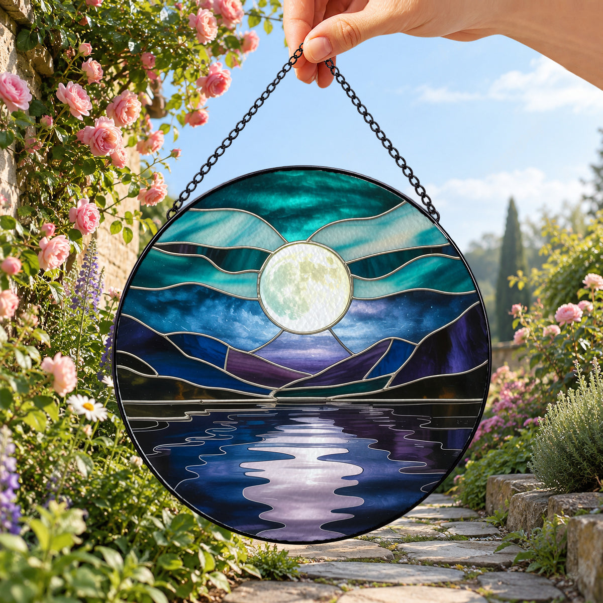 Full Moon over Blue Mountain Lake round stained glass window hanging – second gallery view