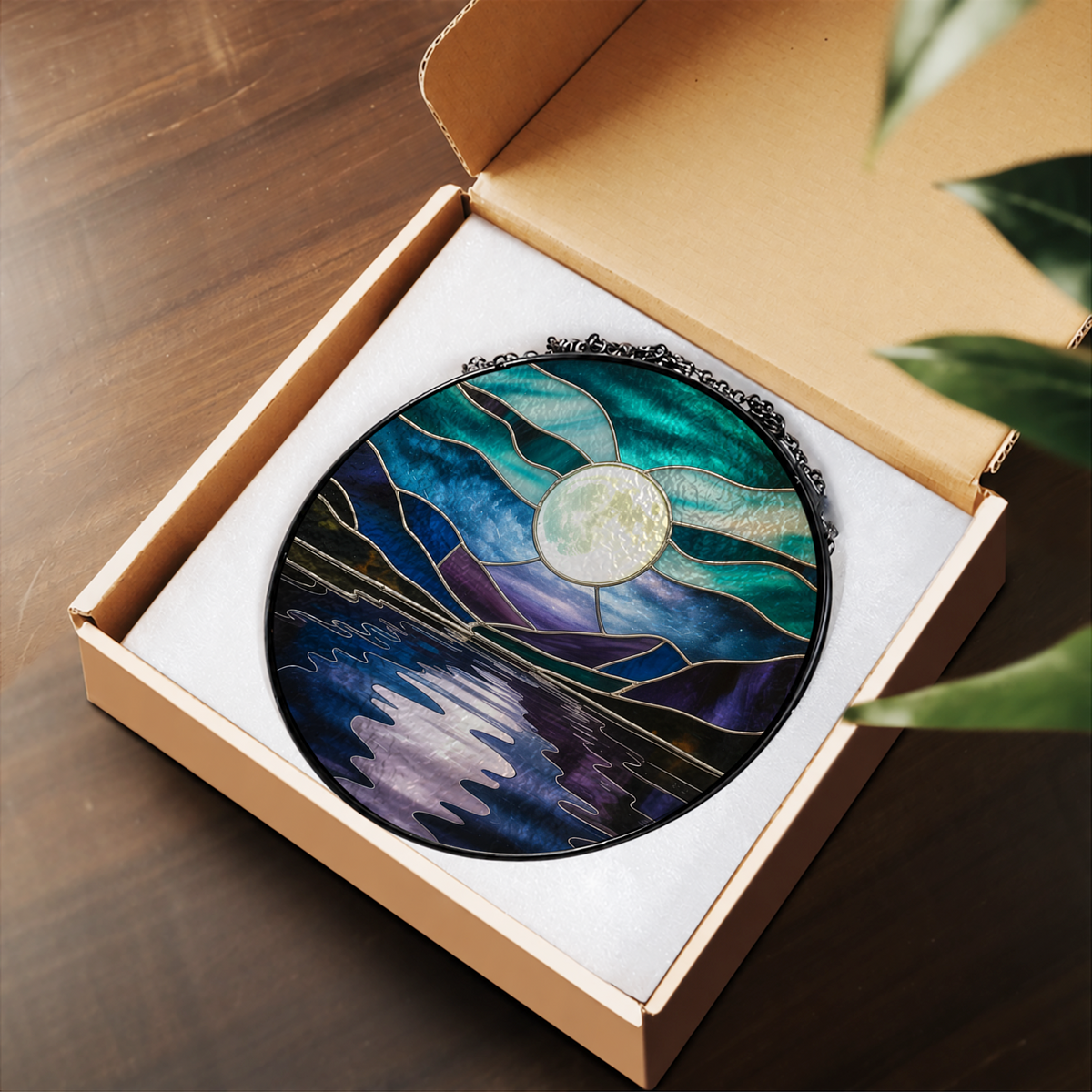 Full Moon over Blue Mountain Lake stained glass suncatcher – flat printed artwork design
