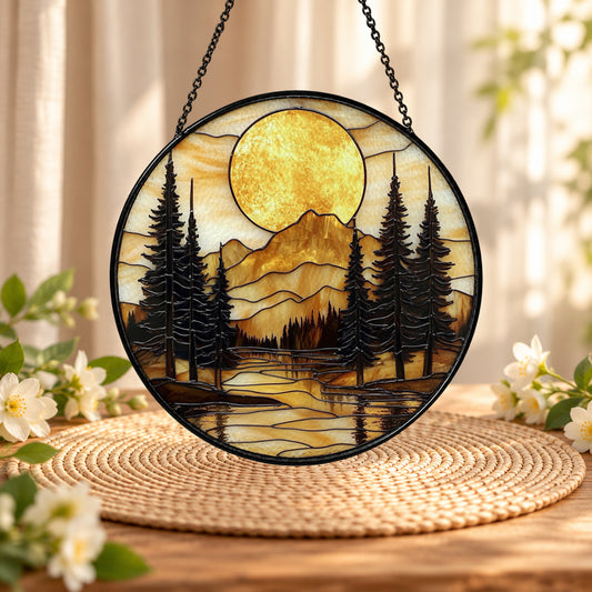 Full Moon over Pine Forest Lake stained glass suncatcher window hanging – front design view