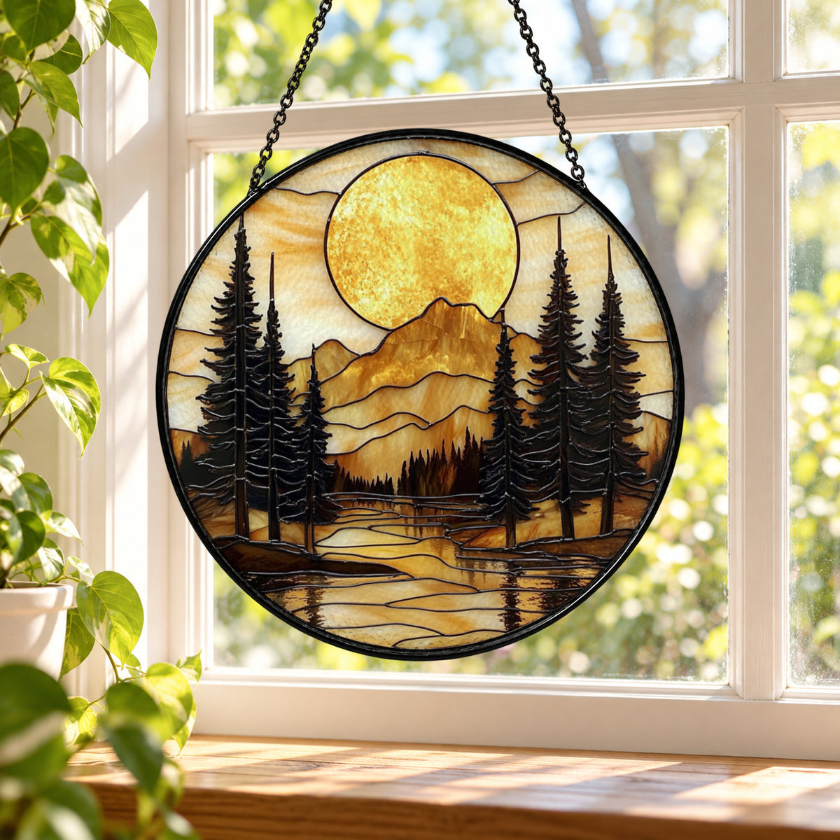 Full Moon over Pine Forest Lake stained glass window suncatcher – third gallery view
