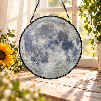 Full Moon with Lunar Craters stained glass suncatcher window hanging – front design view