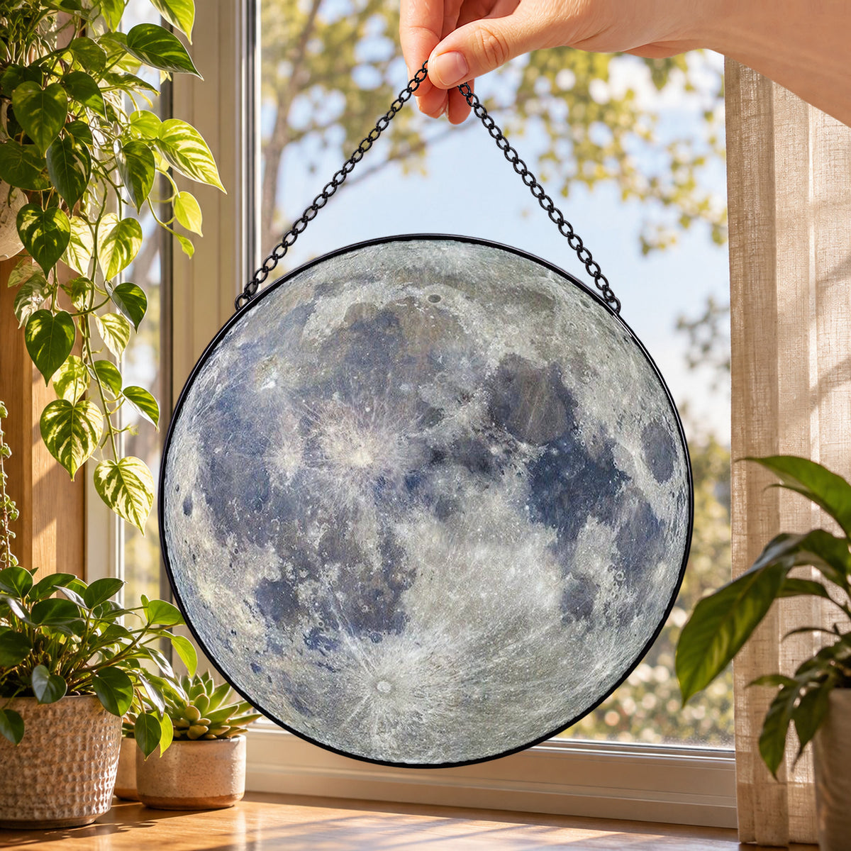 Full Moon with Lunar Craters round stained glass window hanging – second gallery view