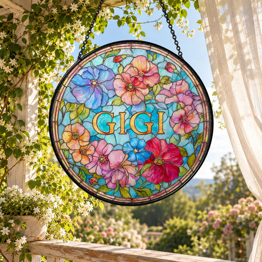 GiGi Floral Circle with Colorful Roses stained glass suncatcher window hanging – front design view