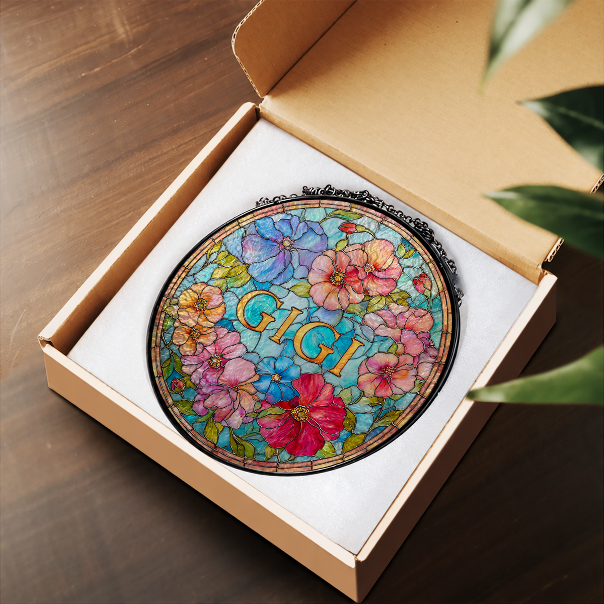 GiGi Floral Circle with Colorful Roses stained glass suncatcher – flat printed artwork design
