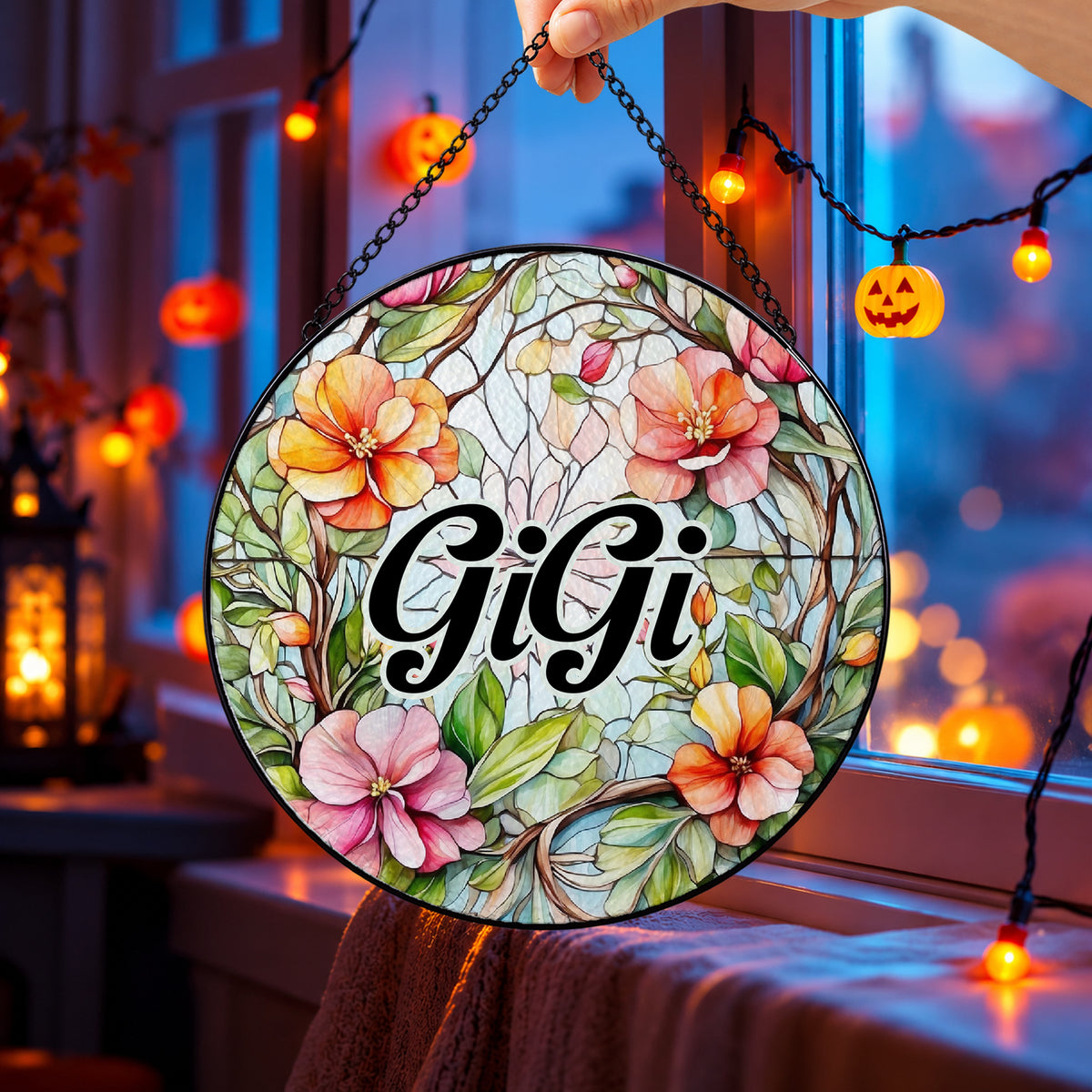 GiGi Floral Name Design round stained glass window hanging – second gallery view