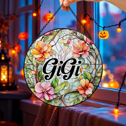 GiGi Floral Name Design round stained glass window hanging – second gallery view