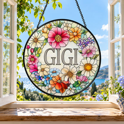 GiGi with Daisy and Pink Flowers stained glass suncatcher window hanging – front design view