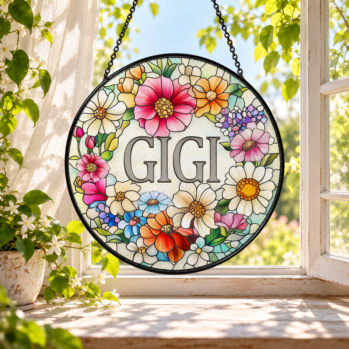 GiGi with Daisy and Pink Flowers stained glass window suncatcher – third gallery view
