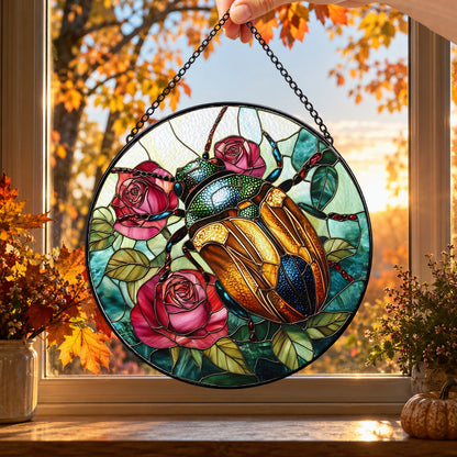 Golden Beetle and Pink Roses round stained glass window hanging – second gallery view