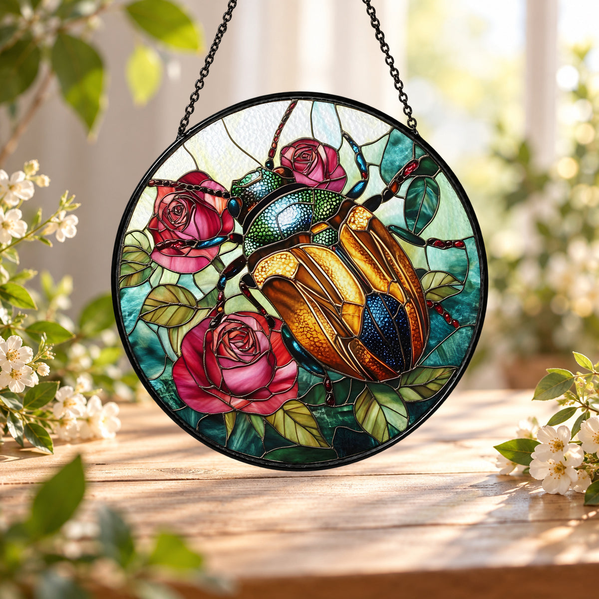 Golden Beetle and Pink Roses stained glass window suncatcher – third gallery view
