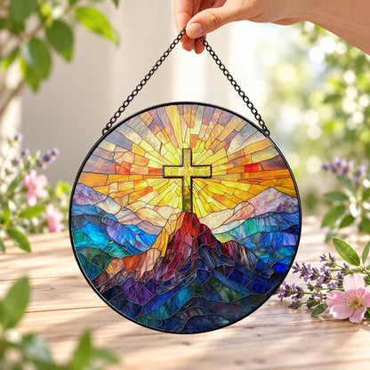 Golden Cross with Mountain Sunrise round stained glass window hanging – second gallery view