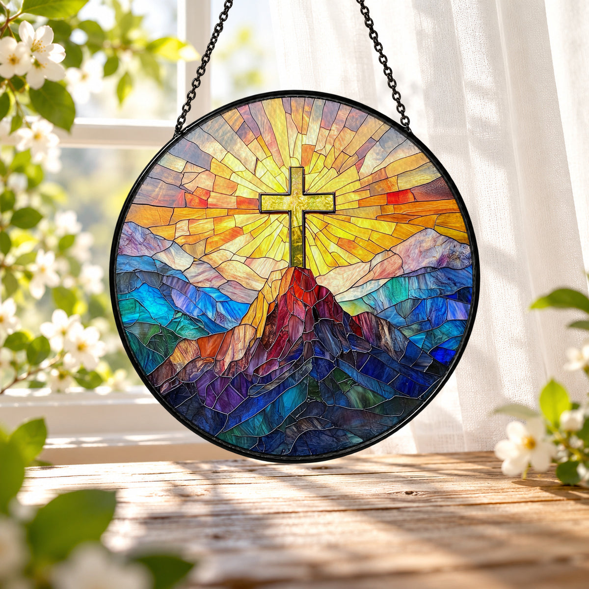 Golden Cross with Mountain Sunrise stained glass window suncatcher – third gallery view