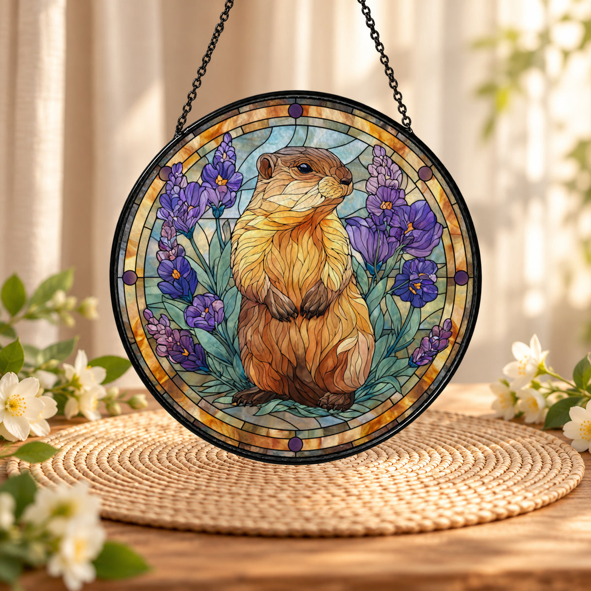 Golden Hamster with Purple Flowers stained glass suncatcher window hanging – front design view