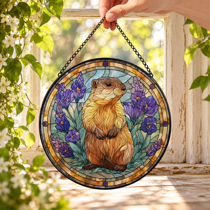 Golden Hamster with Purple Flowers round stained glass window hanging – second gallery view