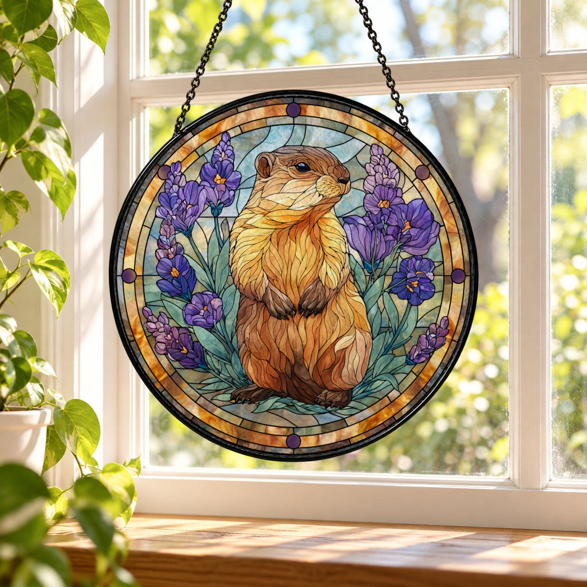 Golden Hamster with Purple Flowers stained glass window suncatcher – third gallery view