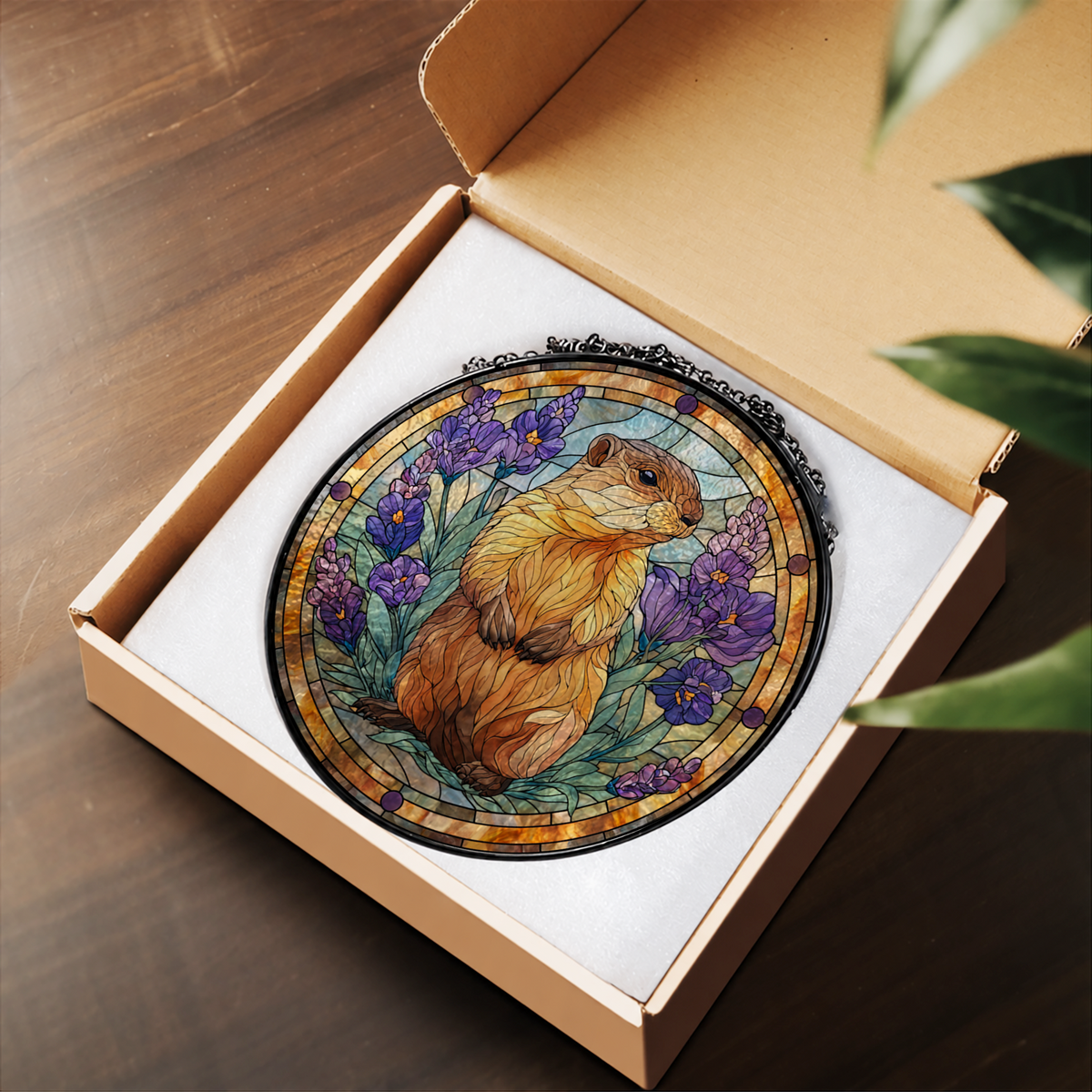 Golden Hamster with Purple Flowers stained glass suncatcher – flat printed artwork design