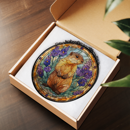 Golden Hamster with Purple Flowers stained glass suncatcher – flat printed artwork design