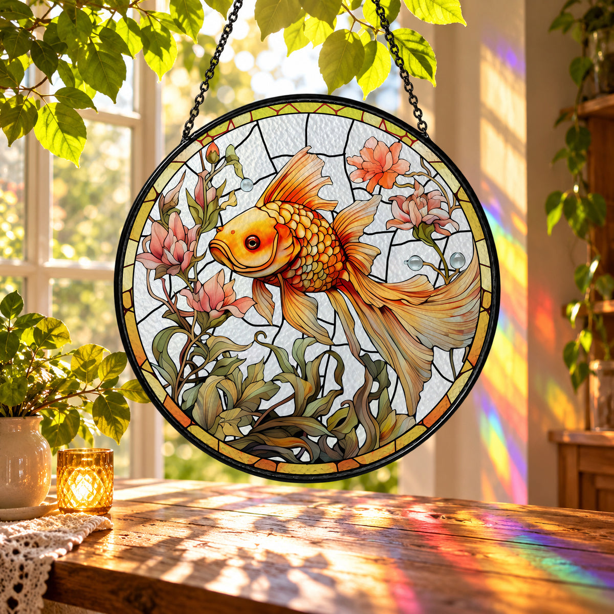Golden Koi Fish with Cherry Blossoms stained glass suncatcher window hanging – front design view