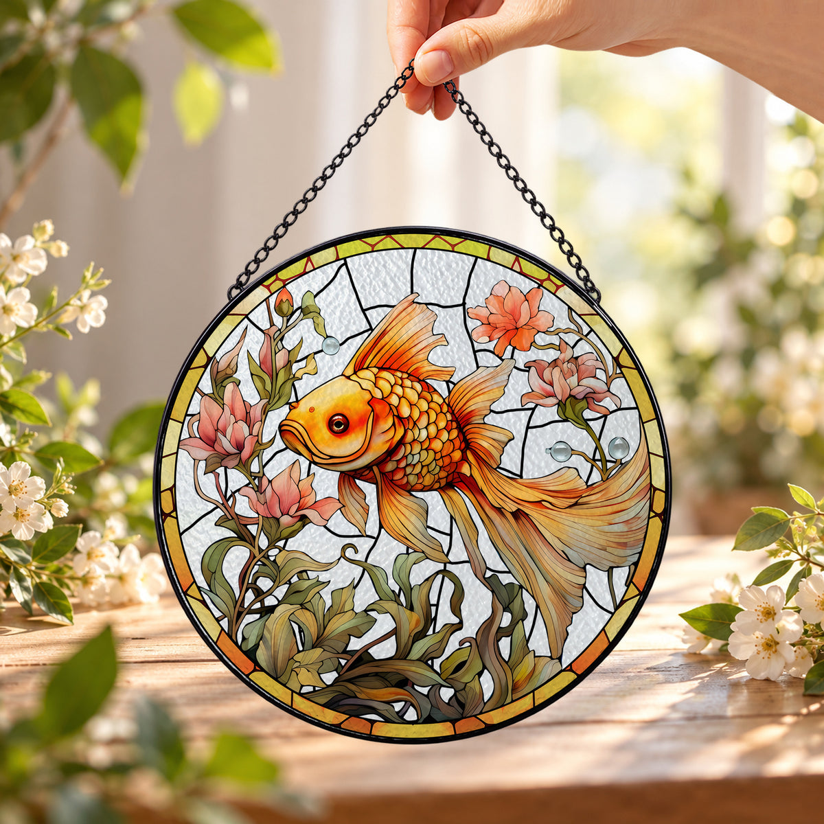 Golden Koi Fish with Cherry Blossoms round stained glass window hanging – second gallery view