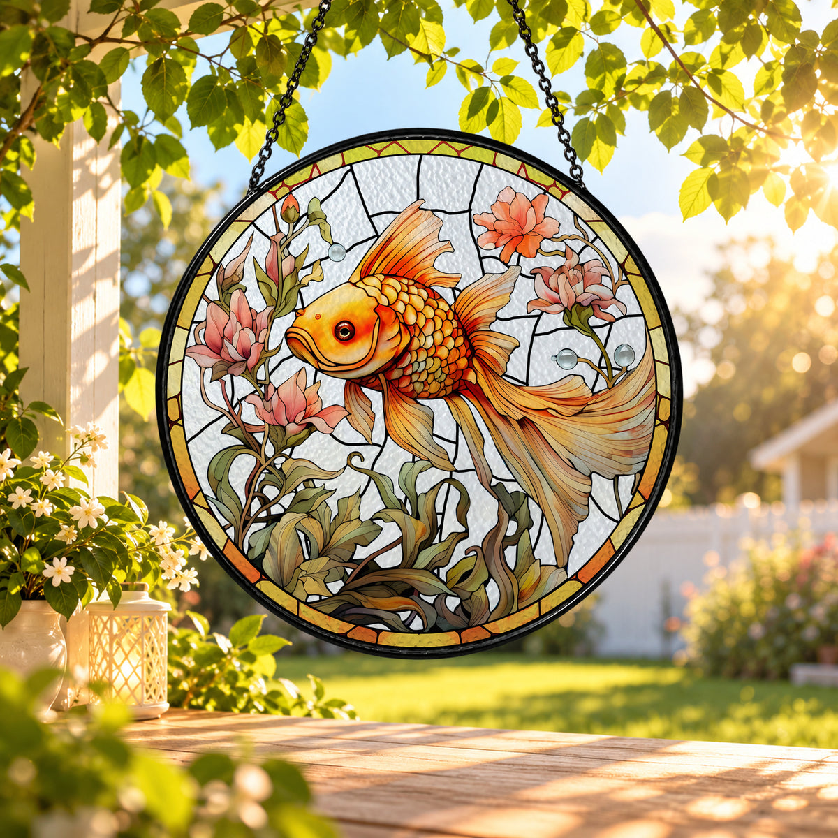 Golden Koi Fish with Cherry Blossoms stained glass window suncatcher – third gallery view