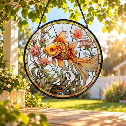 Golden Koi Fish with Cherry Blossoms stained glass window suncatcher – third gallery view