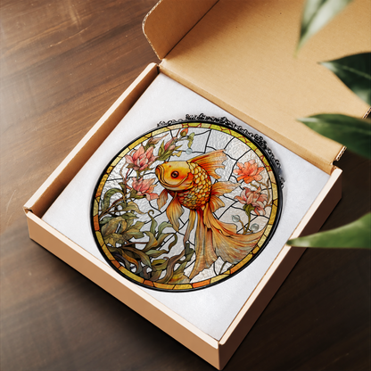 Golden Koi Fish with Cherry Blossoms stained glass suncatcher – flat printed artwork design