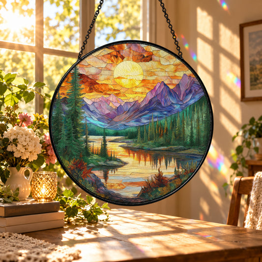Golden Mountain Lake at Sunset stained glass suncatcher window hanging – front design view