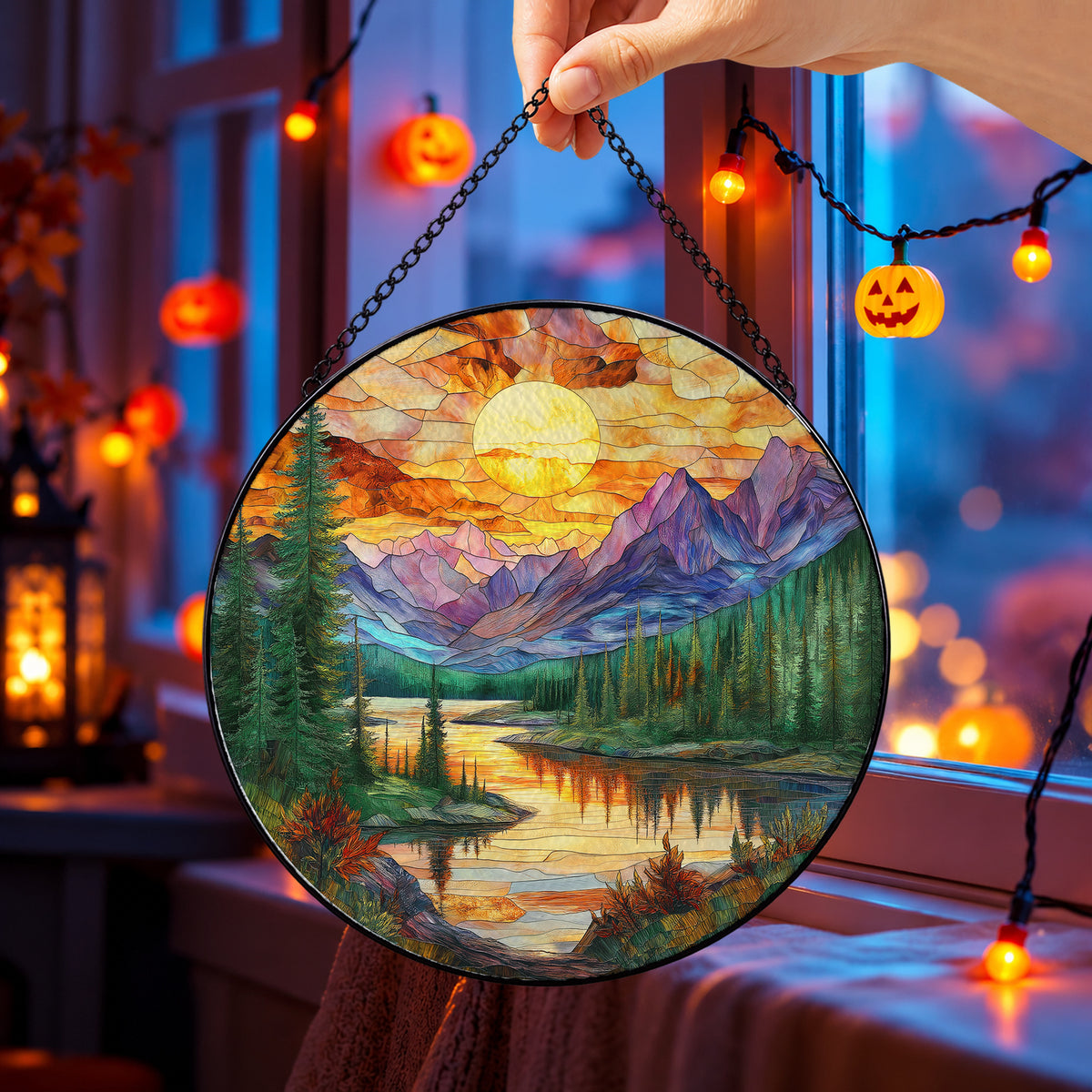 Golden Mountain Lake at Sunset round stained glass window hanging – second gallery view