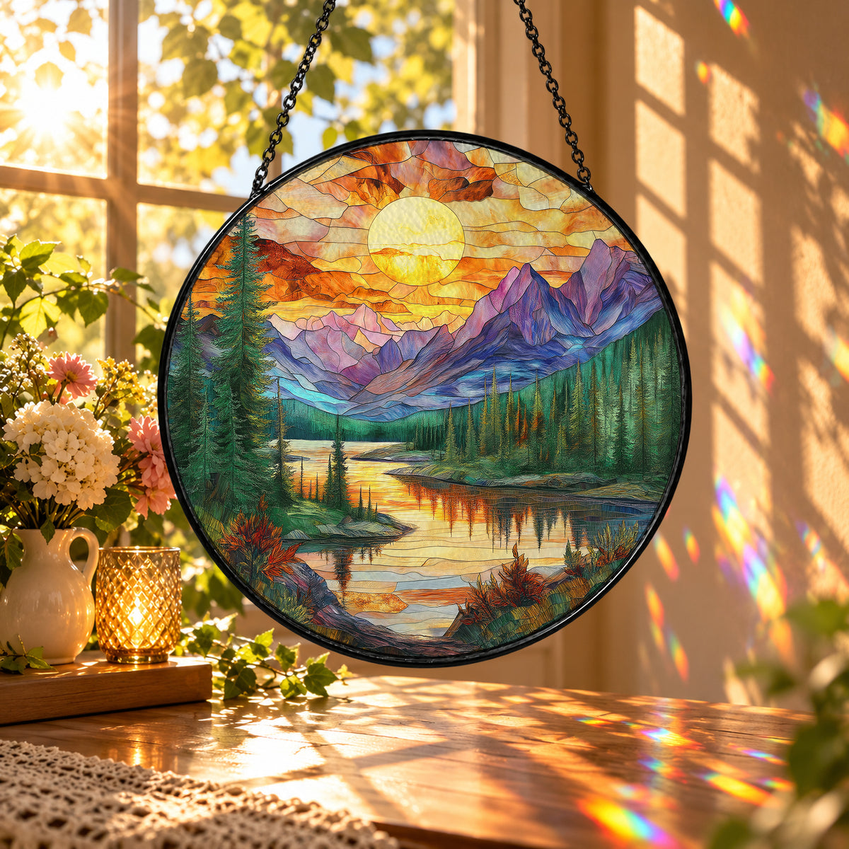 Golden Mountain Lake at Sunset stained glass window suncatcher – third gallery view