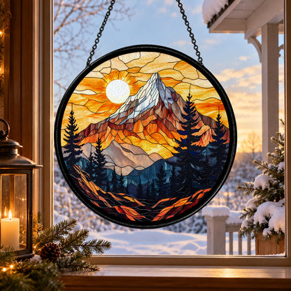 Golden Mountain Sunset above Pine Forest stained glass suncatcher window hanging – front design view