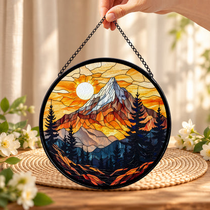 Golden Mountain Sunset above Pine Forest round stained glass window hanging – second gallery view