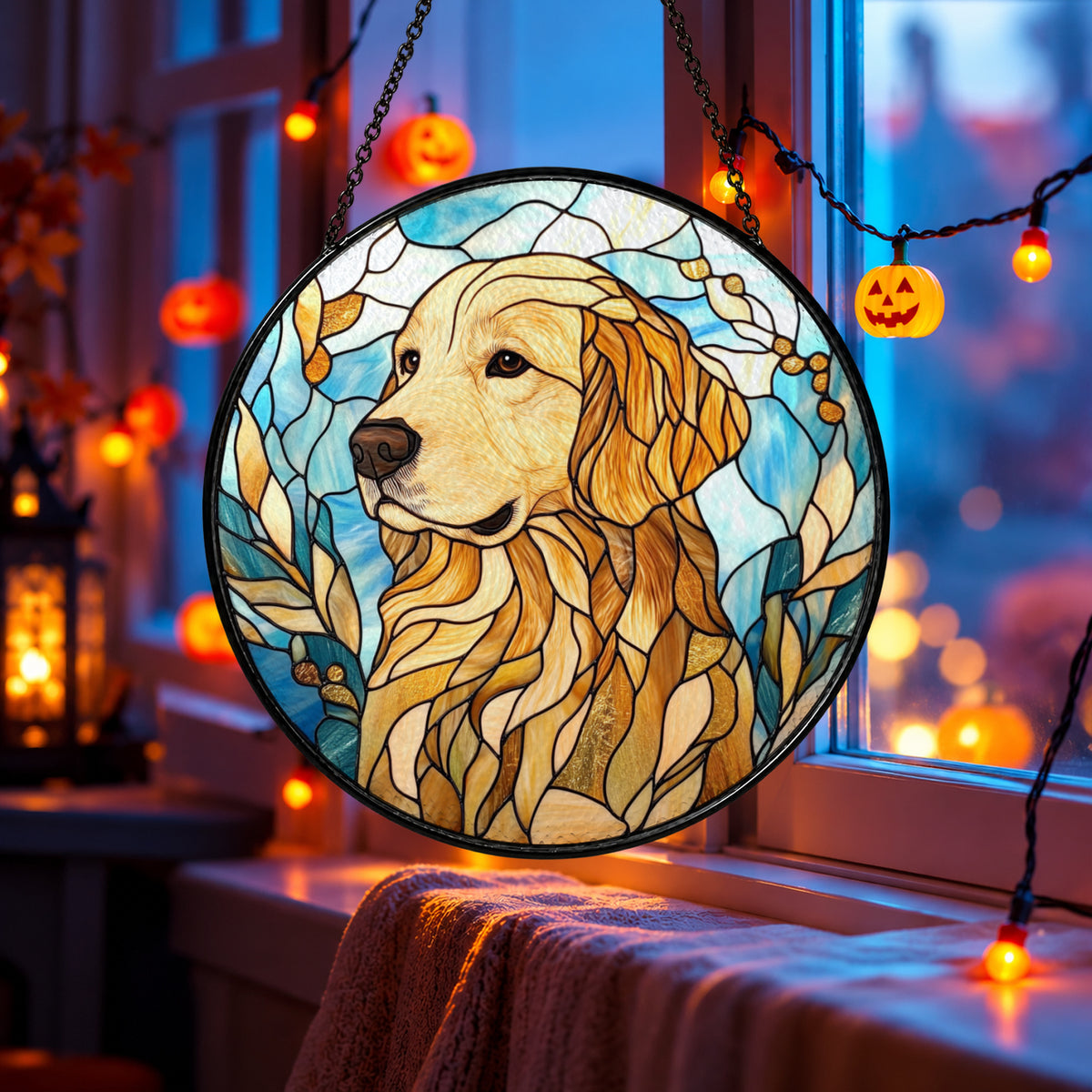 Golden Retriever Portrait with Flowers stained glass suncatcher window hanging – front design view