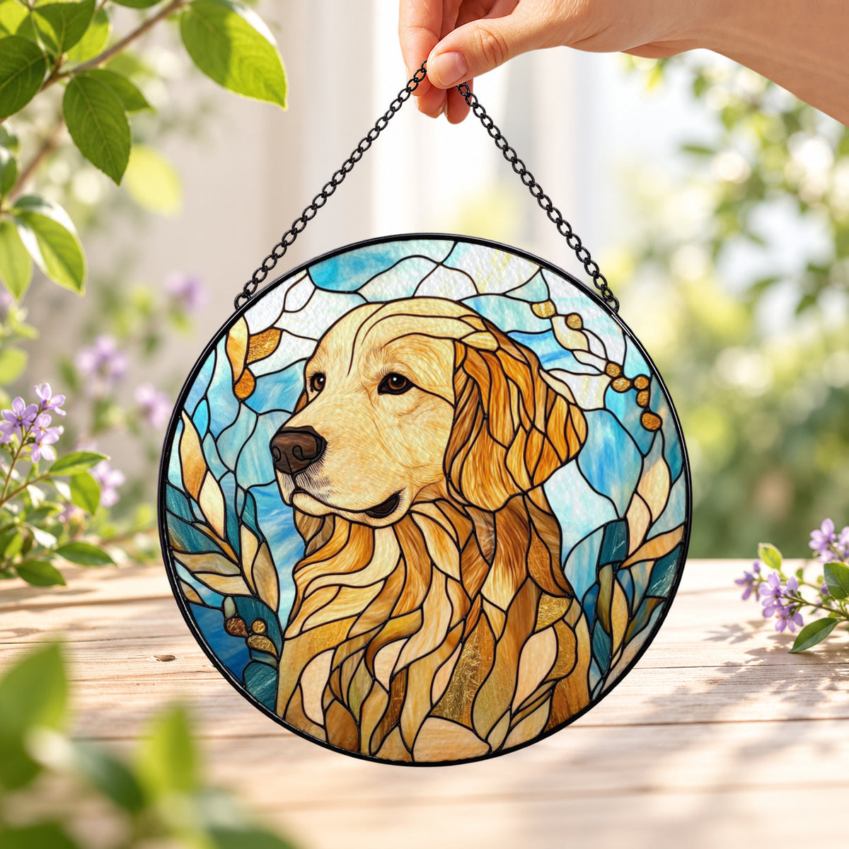 Golden Retriever Portrait with Flowers round stained glass window hanging – second gallery view