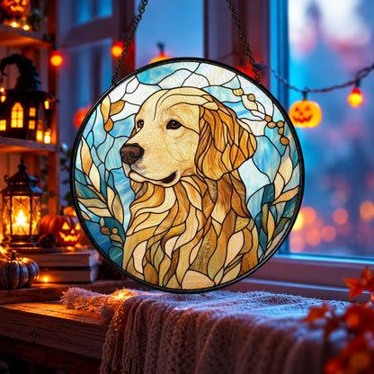 Golden Retriever Portrait with Flowers stained glass window suncatcher – third gallery view