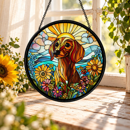 Golden Retriever Portrait with Sunflowers stained glass suncatcher window hanging – front design view