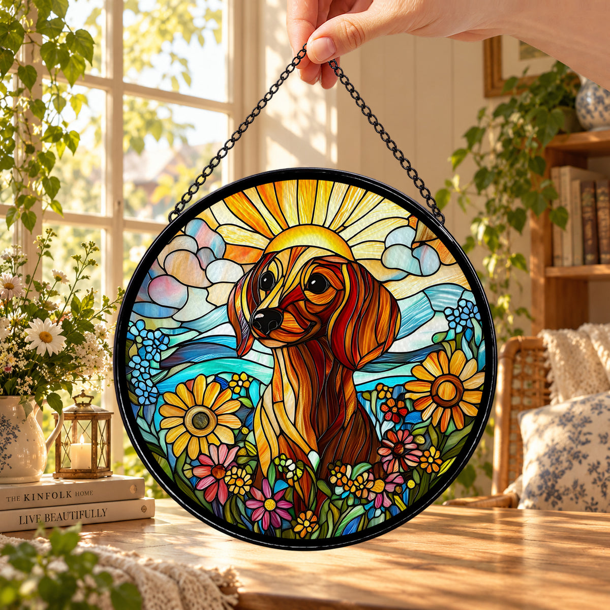 Golden Retriever Portrait with Sunflowers round stained glass window hanging – second gallery view