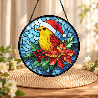 Golden Songbird with Christmas Hat stained glass suncatcher window hanging – front design view
