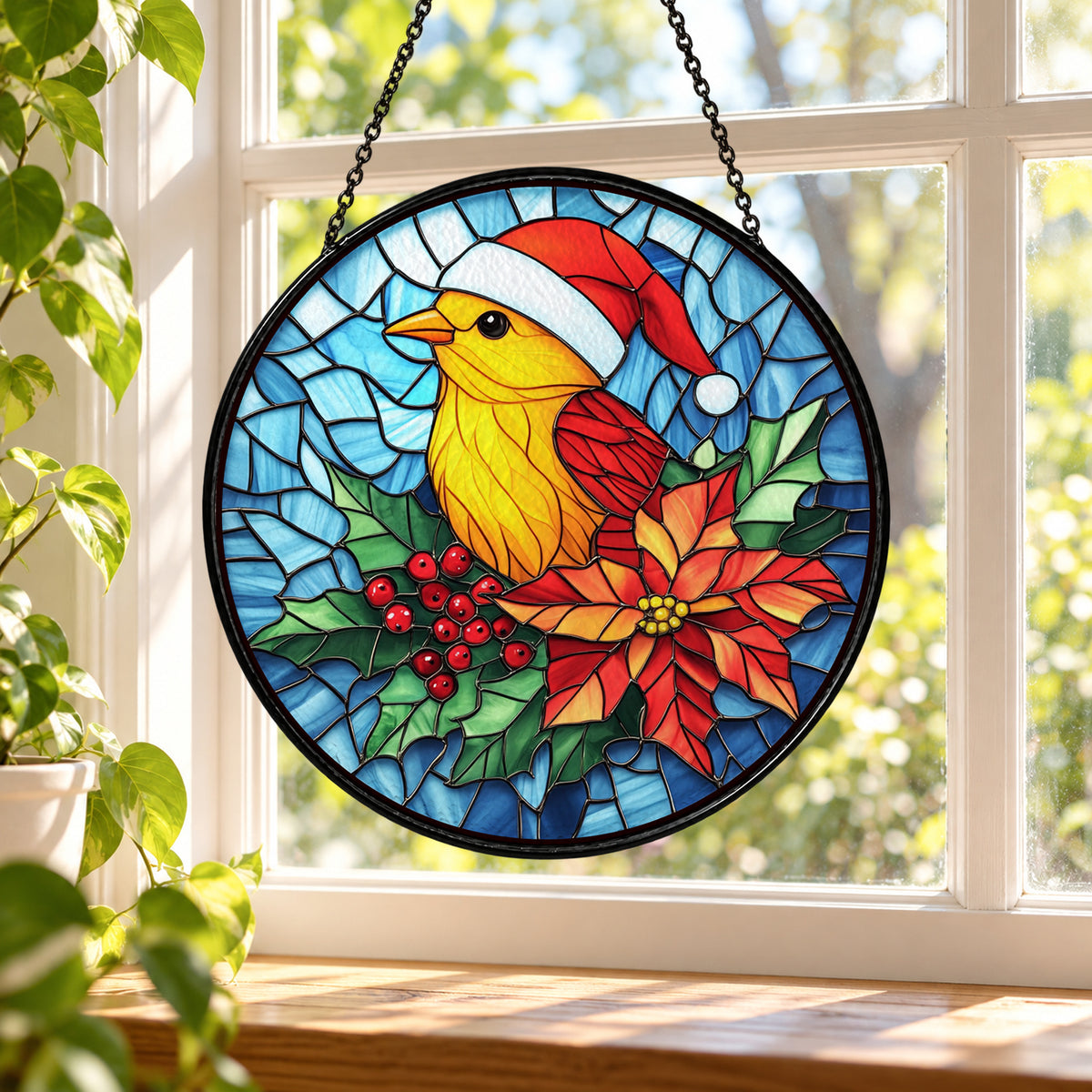 Golden Songbird with Christmas Hat stained glass window suncatcher – third gallery view
