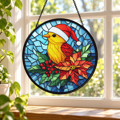 Golden Songbird with Christmas Hat stained glass window suncatcher – third gallery view