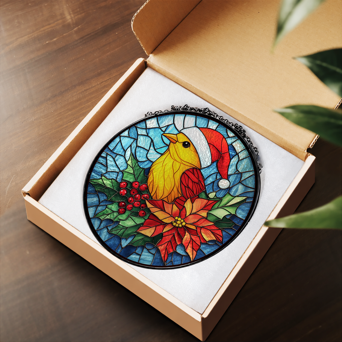 Golden Songbird with Christmas Hat stained glass suncatcher – flat printed artwork design
