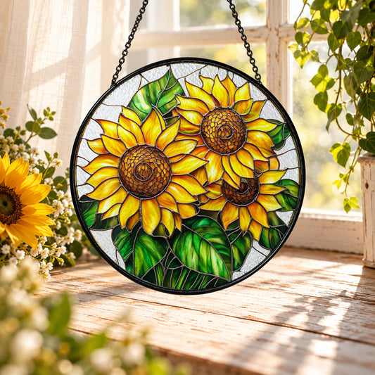 Golden Sunflower Bouquet stained glass suncatcher window hanging – front design view