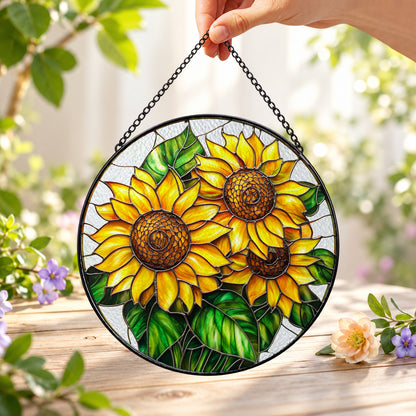 Golden Sunflower Bouquet round stained glass window hanging – second gallery view