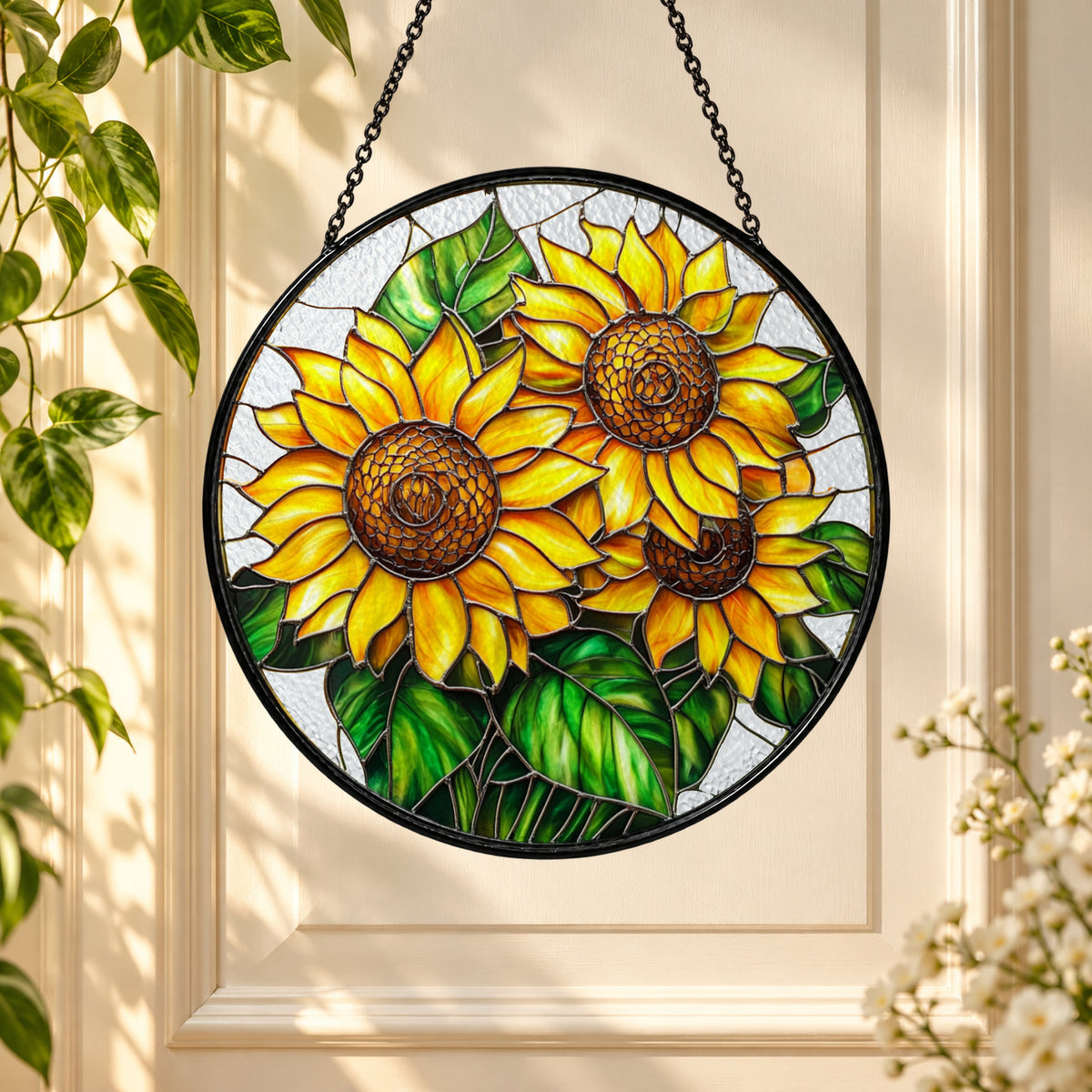 Golden Sunflower Bouquet stained glass window suncatcher – third gallery view