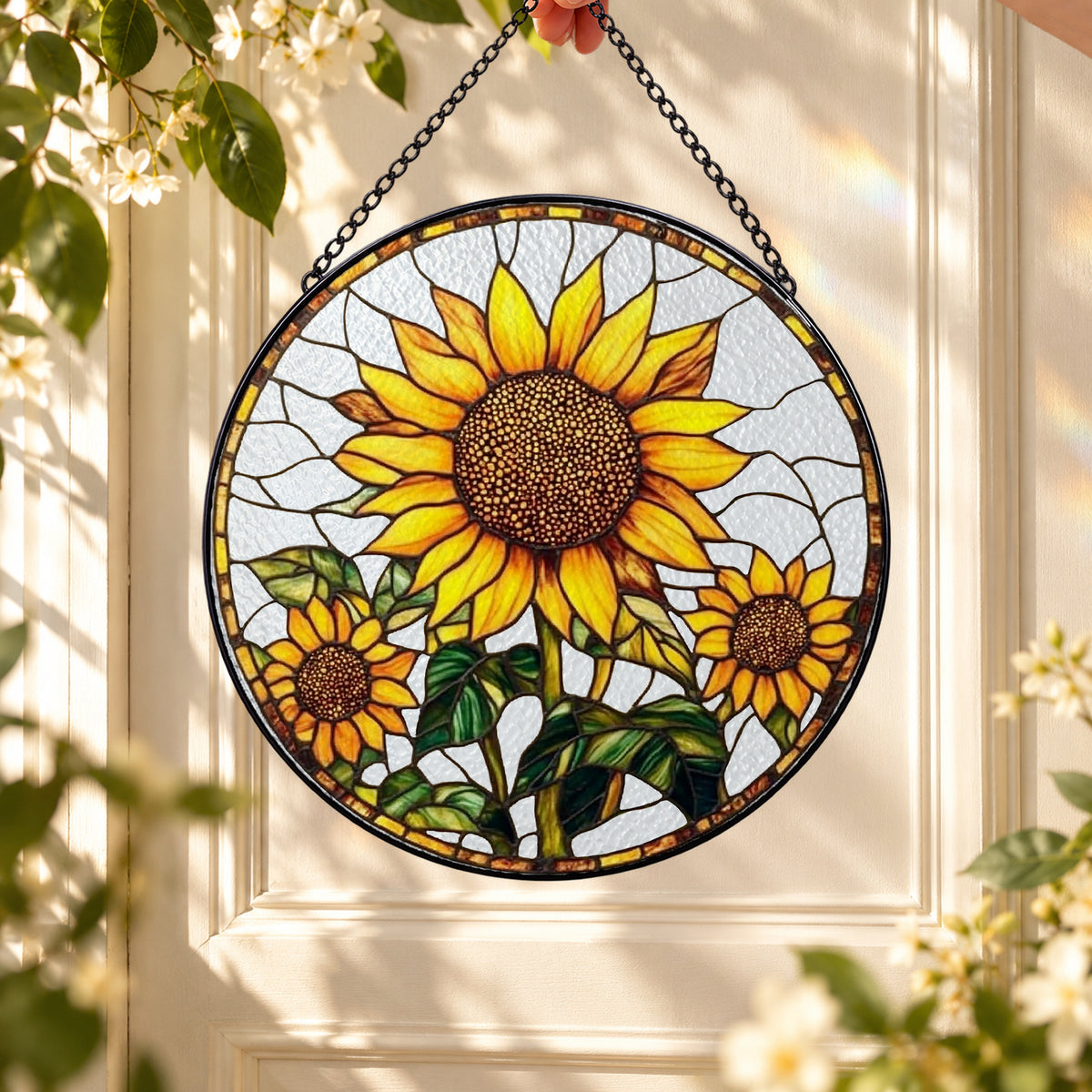 Golden Sunflowers in Bloom round stained glass window hanging – second gallery view
