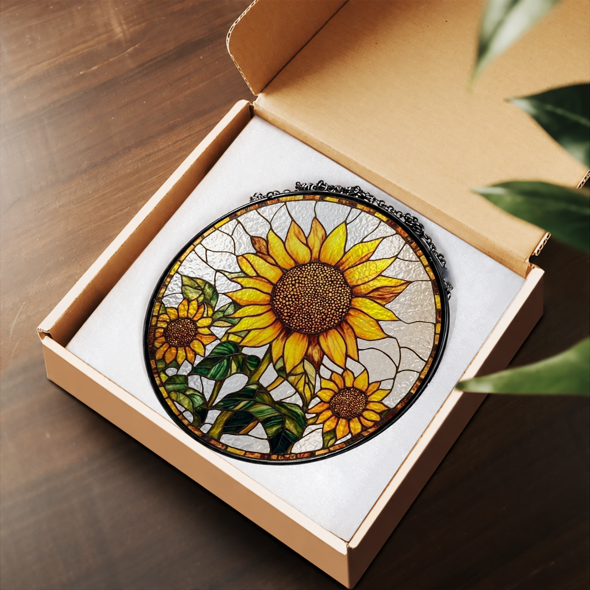 Golden Sunflowers in Bloom stained glass suncatcher – flat printed artwork design