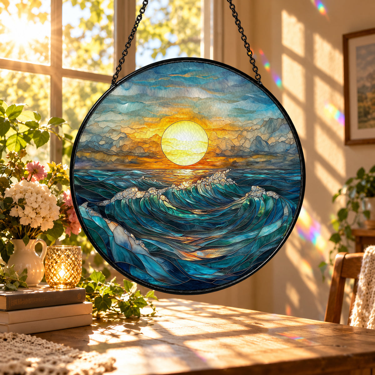 Golden Sunset over Ocean Waves stained glass suncatcher window hanging – front design view