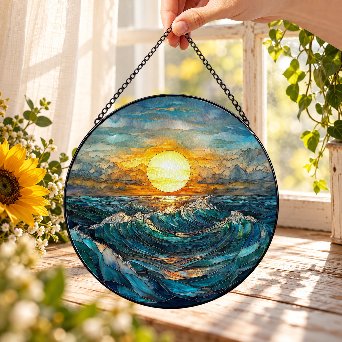 Golden Sunset over Ocean Waves round stained glass window hanging – second gallery view