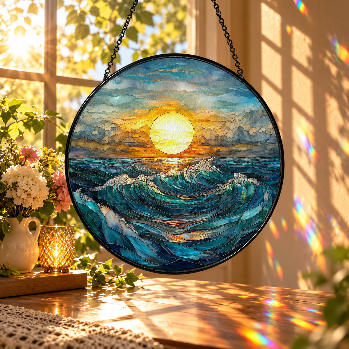 Golden Sunset over Ocean Waves stained glass window suncatcher – third gallery view