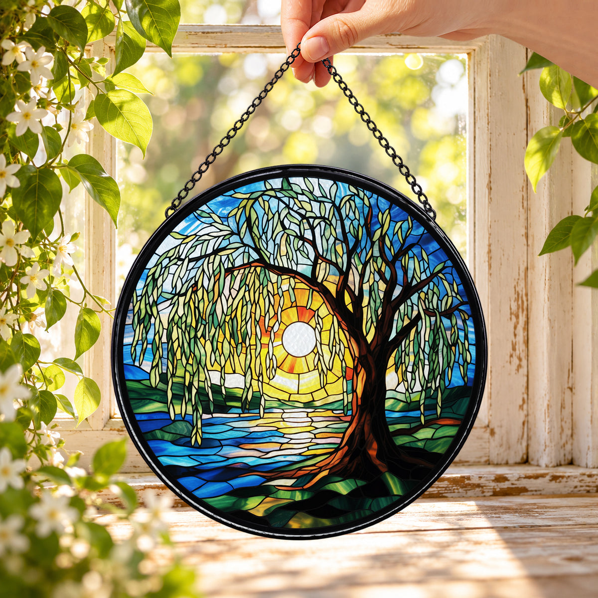 Golden Tree by the Moonlit River round stained glass window hanging – second gallery view