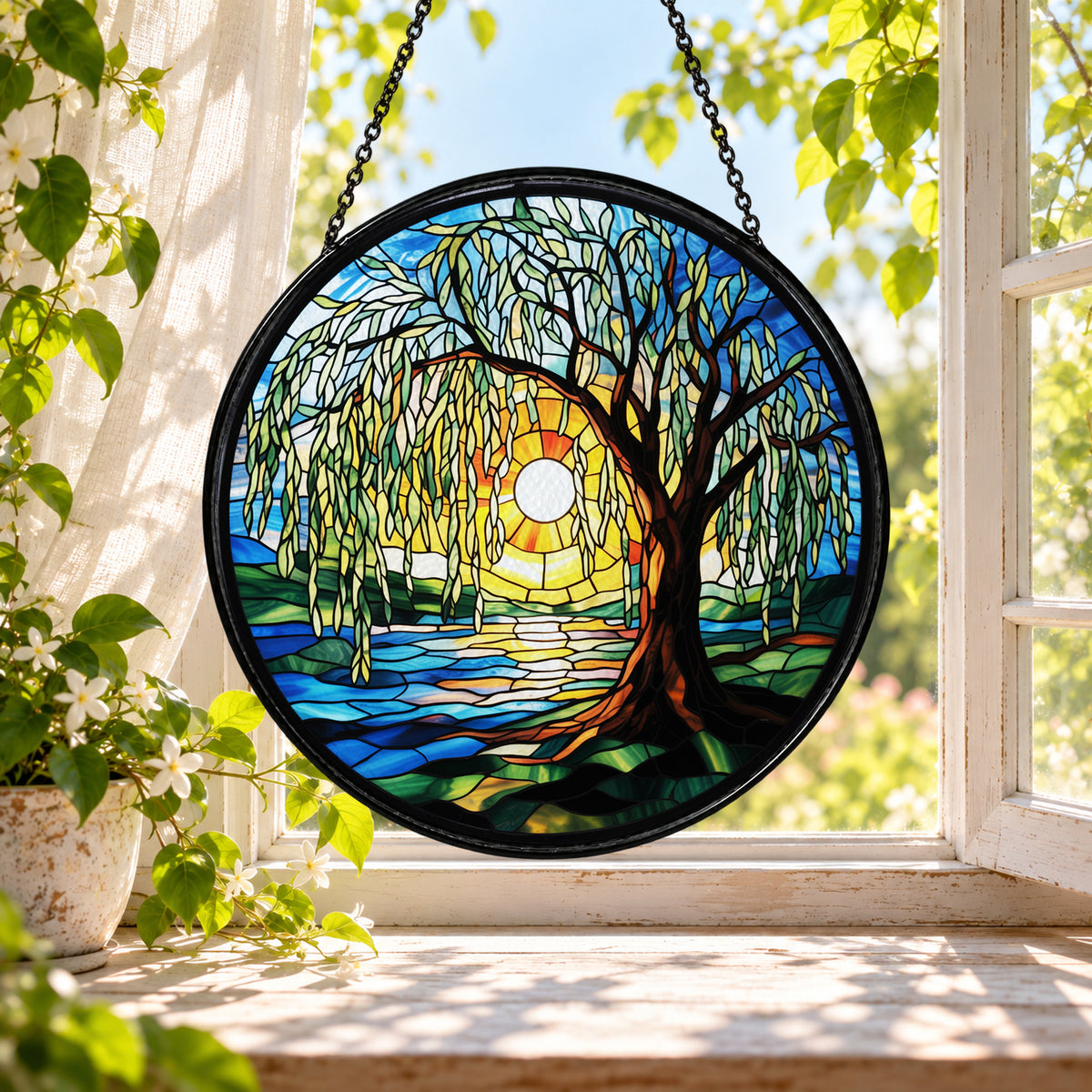 Golden Tree by the Moonlit River stained glass window suncatcher – third gallery view